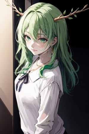 1girl, drawing,pale_skin, eye_lashes, solo, manga, looking_at_viewer, upper_body, shy, blush, embarassed, looking_at_viewer, tights,Ceres Fauna, green_hair, amber_eyes, gold_eyes, hazel_eyes, white_blouse, facing_viewer, front-view,antlers, shocker, gothic, pendant, green_hair, sweater, light_smile,   