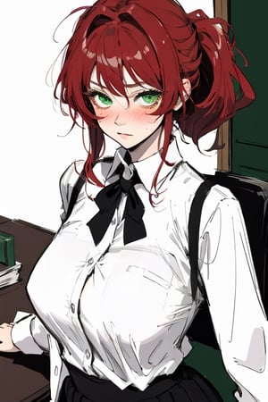 1girl, drawing, messy_hair,pale_skin, lipstick, eye_lashes, solo, bangs, eyeshadow, manga, messy_hair, morning_hair, looking_at_viewer, red_hair, green_eyes, pony_tail, mature, office_lady, upper_body, wide_hips, thicc_thighs, skirt, shy, blush, embarassed, nervous, submisive, looking_at_viewer, tights