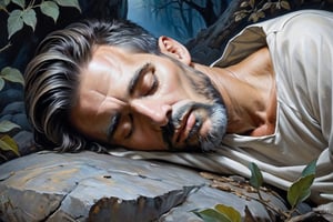 Super detail, (eyes closed)(classical realism painting: 1.75) in profile, the wingless patriarch Jacob sleeping on a stone, in the middle of a dry forest, (ASLEEP) while in the distance angels climb a ladder, Shallow depth of field, subsurface scattering, (dark shadows in background :1.75), color gradient from 'golden color' to 'dark blue' backlight,frank grillo,greg rutkowski