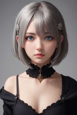 1girl, solo, small_breasts, best quality, masterpiece, highres, short_hair, grey_hair, hairclip, hair_ornament, hair_over_one_eye,