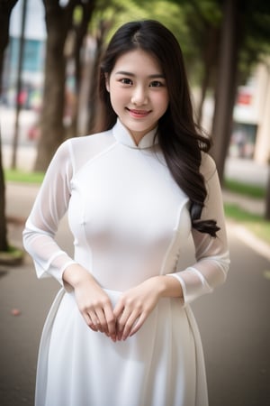 A sexy Vietnamese teacher, wearing transparent traditional "aodai", no bra, big boobs. She is smiling, winking and biting her lips, logo reads "Thao" on her boobs, Perfect Fingers, aodai_white, JP GIrl in sexy apron