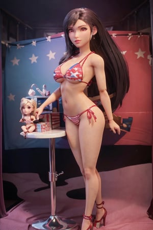 Ultra high resolution, high resolution, (masterpiece: 1.4), hyper-detail, Tifa_Lockheart, full body , solo, no humans , ActionFigureQuiron style, toy, blight red eyes, (((wearing american flag printed micro bikini with matching accessories))), beautiful female, full lips, parted_lips, make-up, smoky eyes, detailed eyes, pretty face, 3DMM, inboxDollPlaySetQuiron style, toy, doll, in a gift box