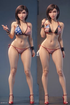 Ultra high resolution, high resolution, (masterpiece: 1.4), hyper-detail, Tifa_Lockheart, full body , no humans , ActionFigureQuiron style, toy, blight red eyes, (((wearing american flag printed micro bikini with matching accessories))), beautiful female, full lips, parted_lips, make-up, smoky eyes, detailed eyes, pretty face, 3DMM