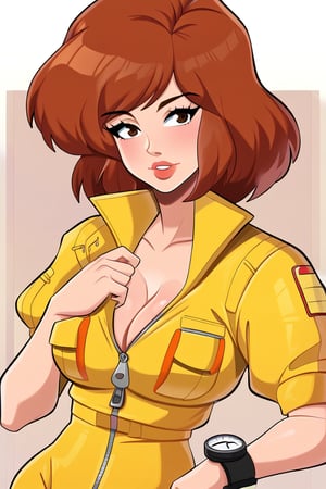 april o'neil, 1girl, short hair, brown hair, yellow jumpsuit, zipper, open jumpsuit, wristwatch, fair skin