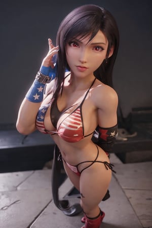 Ultra high resolution, high resolution, (masterpiece: 1.4), hyper-detail, Tifa_Lockheart, full body , dolljoints, solo, no humans , ActionFigureQuiron style, toy, blight red eyes, (((wearing american flag printed micro bikini with matching accessories))), beautiful female, full lips, parted_lips, make-up, smoky eyes, detailed eyes, pretty face, 3DMM, dark_gray_background