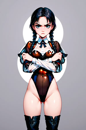 gray_background,Wednesday Addams ,hourglass body, folded_arms, see-through leotard,long sleeves,wide sleeves,thigh boots,standing, annoyed, waist shot, front_view