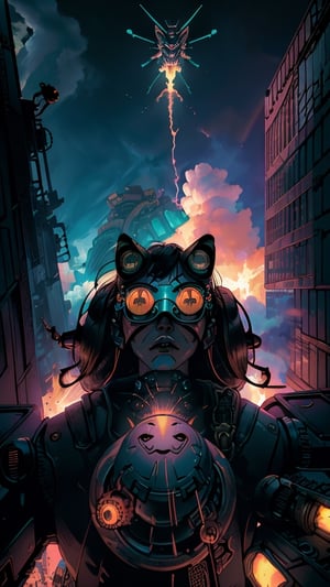 1mecha fox,cyberpunk killer,wearing rainbow cyberpunk clothing,rocky,black sunglasses and mask,short cut hair,grenades,fantasy,Diving from the roof of a building,the graphic nature of the clouds background,dfdd,cyberpunk style,steampunk style,fate/stay background,xjrex