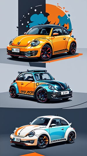 Drip Paint Design,Volkswagen Beetle,blue,red,orange,background dark,highlights,high definition,xyzsanart01