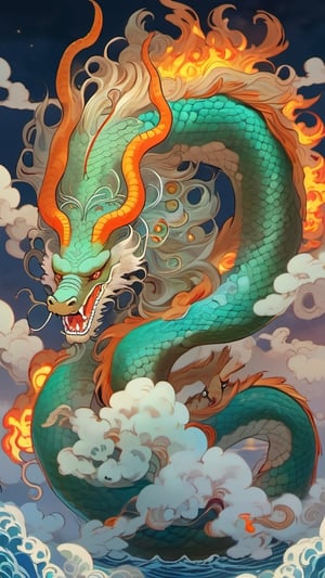 A colossal creature with a human head and human face and snake body,measuring over 500 miles in length,with hair that glows like flames.,yuhuo,long, (urly face::1),fire,dragon,perfecteyes,mythical clouds