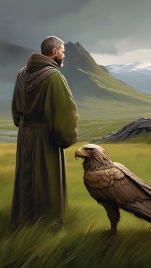 perfect artwork,death stranding praire landscape with mountains in the side background and Franciscan friar touching the head of a massive griffin,griffin like the ones from the chronicles of Narnia,iceland landscape,landscape,masterpiece,perfect artwork,scenery,survival,perfect architecture,after rain,misty,overcast lighting,8k,dreamy haze,highly detailed,high resolution,very detailed background,detailed green grass,painting by Leonardo DaVinci,4feet green grass,rocks