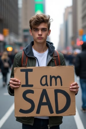 A young man, dressed in casual attire, stands on a bustling city street, grasping a worn-out signboard with bold black letters reading 'I am sad.' He looks directly at the camera with a mix of determination and desperation etched on his face, as the sounds of honking cars and chattering pedestrians fill the background.