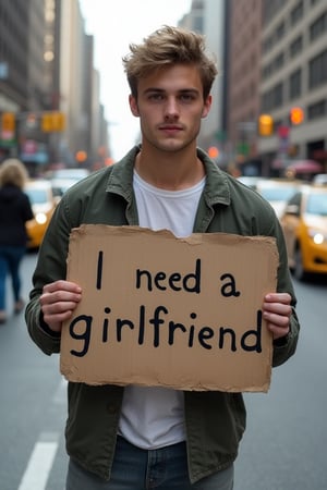 A young man, dressed in casual attire, stands on a bustling city street, grasping a worn-out signboard with bold black letters reading 'I need a girlfriend.' He looks directly at the camera with a mix of determination and desperation etched on his face, as the sounds of honking cars and chattering pedestrians fill the background.