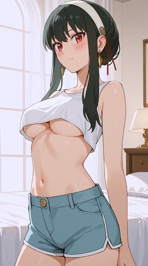 score_9_up, score_8_up, score_7_up, score_6_up, score_5_up, score_4_up, source_anime, 1girl,yor briar,black hair,red eyes,earrings,white hairband,long hair, white crop top, underboobs, (underboob), blue shorts, inside bed room, nice room background, aesthetic lighting, blush, midriff, navel, hands at back