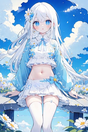 (masterpiece, best quality, highres:1.3), ultra resolution image, (1girl), (solo), kawaii, white hair, long hair, navel, white legwear, outdoors, clouds, flowers, beautiful lighting