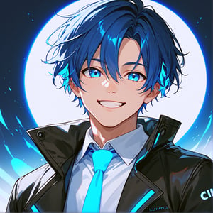 score_9, score_8_up, score_7_up, 1 boy, blue hair, short hair, blue eyes, smile, black jacket, white shirt, portrait, glowing, blue luminescence, digital background