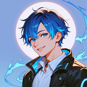 score_9, score_8_up, score_7_up, 1 boy, blue hair, short hair, blue eyes, smile, closed lips, black jacket, white shirt, portrait, glowing, blue luminescence, digital background