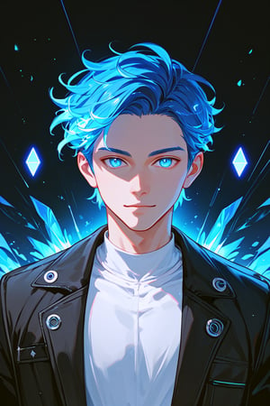 score_9, score_8_up, score_7_up, 1 boy, blue hair, blue eyes, black jacket, white shirt, portrait, glowing, luminescence, digital background