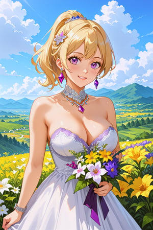 1 girl, blonde hair, purple eyes, ponytail_hair, hair ornament, earrings, smile, blush, big breasts, purple and white dress, bare shoulders, sleeveless, strapless, cleavage, flowers, jewelery, bangles, outdoors, countryside, flowers, hills,valley, sunny morning, clouds, (masterpiece, aesthetic, high quality, high resolution:1.4), holding a bouquet of colorful flowers,perfect finger,hand