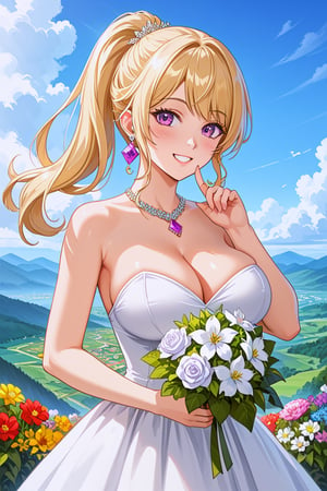 1 girl, blonde hair, purple eyes, ponytail_hair, hair ornament, earrings, smile, blush, big breasts, purple and white dress, bare shoulders, sleeveless, strapless, cleavage, flowers, jewelery, outdoors, countryside, flowers, hills, sunny morning, clouds, (masterpiece, aesthetic, high quality, high resolution:1.4), holding a bouquet of colorful flowers,perfect finger,hand