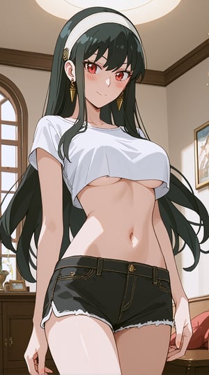 score_9_up, score_8_up, score_7_up, score_6_up, score_5_up, score_4_up, source_anime, 1girl,yor briar,black hair,red eyes,earrings,white hairband,long hair, white crop top, underboobs, underboob, blue shorts, micro shorts, inside drawing room, nice room background, aesthetic lighting, blush, midriff, navel, hands at back