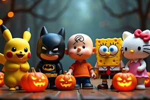 A Halloween party. There are Pikachu, Batman, Charlie Brown, Sponge Bob and Hello Kitty.