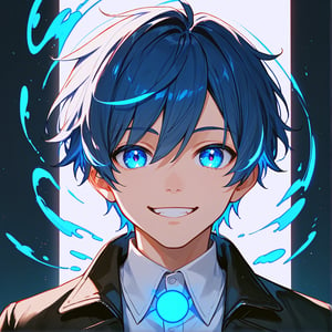 score_9, score_8_up, score_7_up, 1 boy, blue hair, short hair, blue eyes, smile, black jacket, white shirt, portrait, glowing, blue luminescence, digital background