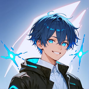 score_9, score_8_up, score_7_up, 1 boy, blue hair, short hair, blue eyes, smile, black jacket, white shirt, portrait, glowing, blue luminescence, digital background