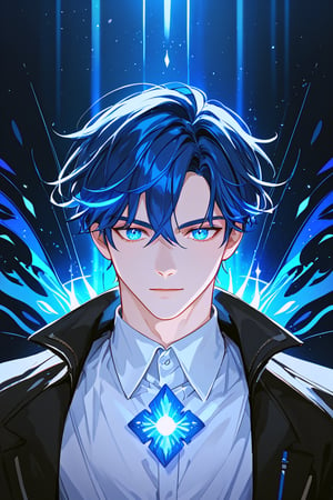 score_9, score_8_up, score_7_up, 1 boy, blue hair, blue eyes, black jacket, white shirt, portrait, glowing, luminescence, digital background