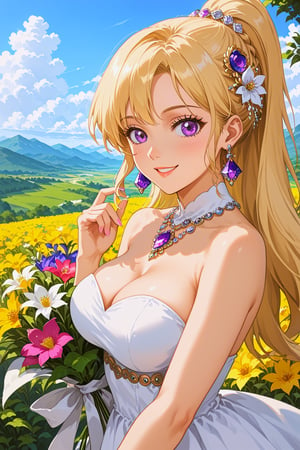 1 girl, blonde hair, purple eyes, long ponytail_hair, hair ornament, earrings, smile, blush, big breasts, purple and white dress, bare shoulders, sleeveless, strapless, cleavage, flowers, jewelery, bangles, outdoors, countryside, flowers, hills,valley, sunny morning, clouds, (masterpiece, aesthetic, high quality, high resolution:1.4), holding a bouquet of colorful flowers,perfect finger,hand, looking at viewer