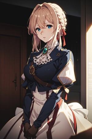 raidenshogundef, raidenshogunrnd, 1girl, Violet Evergarden, big_breast, looking_at_viewer, intakes, braid, red_ribbon, blue_jacket, juliet_sleeves, gloves, brooch, white_dress