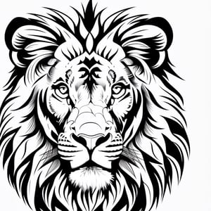 black and white, line art, outline drawing,  lion, close-up, front view, simple white background
