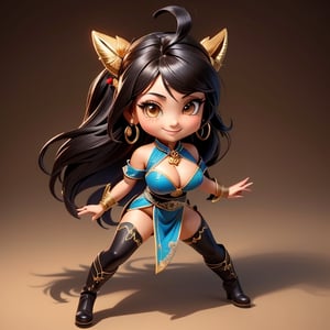 ((best quality)), ((masterpiece)), ((ultra-detailed)), high resolution, chibi girl, fluffy black hair, brown eyes, futuristic clothing, dynamic pose, cute, lite smile, happy, simple background, full body, 3DMM, High detailed, chibi, dynamic pose, cyberpunk, hanfu, showing shoulders, ear_ring, pony_tail, long boots, cleavage, necklace, big_boobs,High detailed , ahoge, flying kick from above