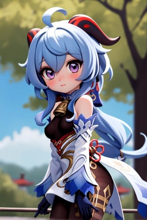 ganyu \(genshin impact\), chibi, pvc, render, 1girl, ahoge, bangs, bare shoulders, bell, black gloves, black pantyhose, ((blue hair)), blush, breasts, chinese knot, detached sleeves, flower knot, gloves, horns, long hair, looking at viewer, small breasts, neck bell, outdoors, pantyhose, purple eyes, sidelocks, solo, tassel, white sleeves, ((masterpiece)),chibi