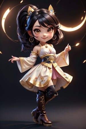 ((best quality)), ((masterpiece)), ((ultra-detailed)), high resolution, chibi girl, fluffy black hair, brown eyes, futuristic clothing, dynamic pose, cute, lite smile, happy, simple background, full body, 3DMM, High detailed, chibi, dynamic pose, cyberpunk, light hanfu, showing shoulders, ear_ring, pony_tail, long boots, cleavage, necklace, big head