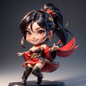 ((best quality)), ((masterpiece)), ((ultra-detailed)), high resolution, chibi girl, fluffy black hair, brown eyes, futuristic clothing, dynamic pose, cute, lite smile, happy, simple background, full body, 3DMM, High detailed, chibi, dynamic pose, cyberpunk, hanfu, showing shoulders, ear_ring, pony_tail, long boots, cleavage, necklace, big_boobs,High detailed , ahoge, jumping pose