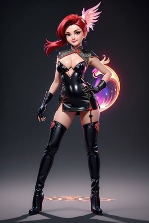 ((best quality)), ((masterpiece)), ((ultra-detailed)), high resolution, chibi girl, black ponytail, dark grey eyes, futuristic clothing, dynamic pose, cute, mischievous smile, happy, simple background, full body, 3DMM, chibi, dynamic pose, cyberpunk, black and red robe, long boots, big head, Color magic, Saturated colors, phoenix robe, leather miniskirt, long_gloves, High detailed , laser daggers, cleavage, oppai, short, sexy cheongsam, necklace, belly button, fishnet stockings, translucent bunnysuit, areola slip, see_through, transparent_clothing, chibi