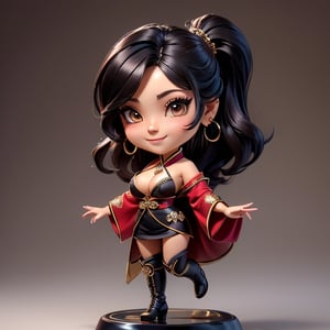 ((best quality)), ((masterpiece)), ((ultra-detailed)), high resolution, chibi girl, fluffy black hair, brown eyes, futuristic clothing, dynamic pose, cute, lite smile, happy, simple background, full body, 3DMM, High detailed, chibi, dynamic pose, cyberpunk, hanfu, showing shoulders, ear_ring, pony_tail, long boots, cleavage, necklace, big_boobs,High detailed 