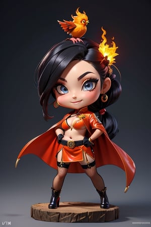 ((best quality)), ((masterpiece)), ((ultra-detailed)), high resolution, chibi girl, black ponytail, dark grey eyes, futuristic clothing, dynamic pose, cute, mischievous smile, happy, simple background, full body, 3DMM, chibi, dynamic pose, cyberpunk, black and red robe, long boots, phoenix robe, leather miniskirt, long_gloves, High detailed, sword, cleavage, sexy cheongsam, necklace, belly button, fishnet stockings, translucent bunnysuit,  see_through, chibi, big head, showing belly button, mini fire orange bird sitting on head