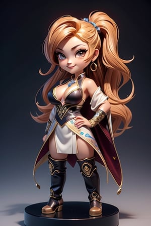((best quality)), ((masterpiece)), ((ultra-detailed)), high resolution, chibi girl, fluffy hair, brown eyes, futuristic clothing, dynamic pose, cute, lite smile, happy, simple background, full body, 3DMM, High detailed, chibi, dynamic pose, cyberpunk, hanfu, showing shoulders, ear_ring, pony_tail, long boots, cleavage, necklace, big_boobs