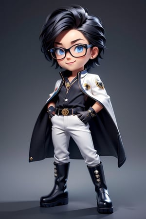 ((best quality)), ((masterpiece)), ((ultra-detailed)), high resolution, chibi boy, black spiky hair, blue eyes, futuristic clothing, dynamic pose, cute, mischievious smile, happy, simple background, full body, 3DMM, chibi, dynamic pose, cyberpunk, traditional robe, long boots, big head, Color magic, Saturated colors, print robe, white leather pants, print shirt, rimless spectacles on top of head, gloves, High detailed 