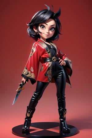 ((best quality)), ((masterpiece)), ((ultra-detailed)), high resolution, chibi boy, black crewcut hair, dark grey eyes, futuristic clothing, dynamic pose, cute, mischievous smile, happy, simple background, full body, 3DMM, chibi, dynamic pose, cyberpunk, black and red robe, long boots, big head, Color magic, Saturated colors, tiger motive robe, leather pants, print shirt, fingerless_glove, High detailed , weapons