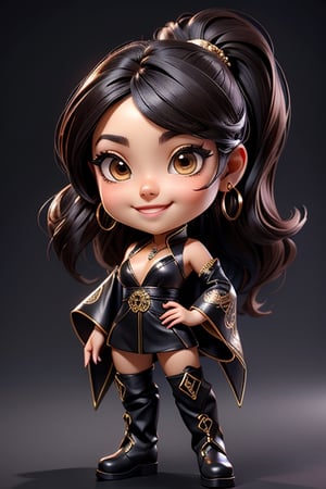 ((best quality)), ((masterpiece)), ((ultra-detailed)), high resolution, chibi girl, fluffy black hair, brown eyes, futuristic clothing, dynamic pose, cute, lite smile, happy, simple background, full body, 3DMM, High detailed, chibi, dynamic pose, cyberpunk, hanfu, showing shoulders, ear_ring, pony_tail, long boots, cleavage, necklace, big head