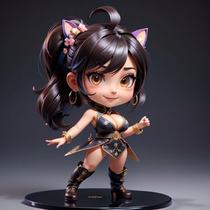 ((best quality)), ((masterpiece)), ((ultra-detailed)), high resolution, chibi girl, fluffy black hair, brown eyes, futuristic clothing, dynamic pose, cute, lite smile, happy, simple background, full body, 3DMM, High detailed, chibi, dynamic pose, cyberpunk, hanfu, showing shoulders, ear_ring, pony_tail, long boots, cleavage, necklace, big_boobs,High detailed , ahoge