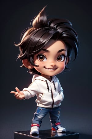 ((best quality)), ((masterpiece)), ((ultra-detailed)), high resolution, 1 boy, chibi, mini boy, black hair, brown eyes, futuristic clothing, dynamic pose, cute, smile, happy, simple background, full body, cute boy wearing a hoodie, 3DMM, High detailed, chibi, smiling, futuristic clothing, dynamic pose, cyberpunk,