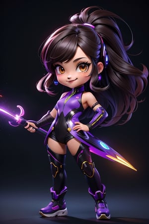 ((best quality)), ((masterpiece)), ((ultra-detailed)), high resolution, chibi girl, black fluffy hair, ahoge, brown eyes, futuristic clothing, dynamic pose, cute, smile, happy, simple background, full body, 3DMM, High detailed, chibi, dynamic pose, cyberpunk, purple hanfu, holding cyberpunk neon whip, High detailed , showing shoulders