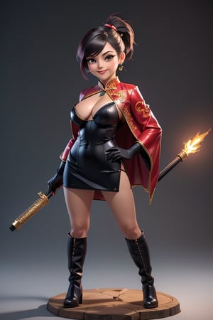 ((best quality)), ((masterpiece)), ((ultra-detailed)), high resolution, chibi girl, black ponytail, dark grey eyes, futuristic clothing, dynamic pose, cute, mischievous smile, happy, simple background, full body, 3DMM, chibi, dynamic pose, cyberpunk, black and red robe, long boots, big head, Color magic, Saturated colors, phoenix robe, leather miniskirt, long_gloves, High detailed , baton, cleavage, oppai, chibi, sexy cheongsam, necklace, belly button