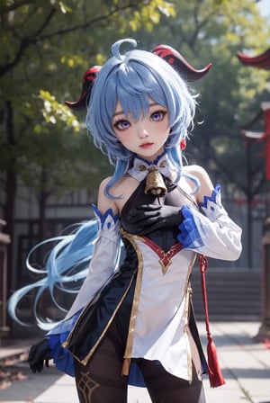 ganyu \(genshin impact\), chibi, pvc, render, 1girl, ahoge, bangs, bare shoulders, bell, black gloves, black pantyhose, ((blue hair)), blush, breasts, chinese knot, detached sleeves, flower knot, gloves, horns, long hair, looking at viewer, small breasts, neck bell, outdoors, pantyhose, purple eyes, sidelocks, solo, tassel, white sleeves, ((masterpiece)),chibi