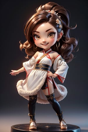 ((best quality)), ((masterpiece)), ((ultra-detailed)), high resolution, chibi girl, fluffy hair, brown eyes, futuristic clothing, dynamic pose, cute, lite smile, happy, simple background, full body, 3DMM, High detailed, chibi, dynamic pose, cyberpunk, hanfu, showing shoulders, ear_ring