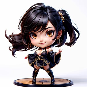 ((best quality)), ((masterpiece)), ((ultra-detailed)), high resolution, chibi girl, fluffy black hair, brown eyes, futuristic clothing, dynamic pose, cute, lite smile, happy, white background, full body, 3DMM, High detailed, chibi, dynamic pose, cyberpunk, hanfu, showing shoulders, ear_ring, pony_tail, long boots, cleavage, necklace, big_boobs,High detailed , ahoge, empty floor