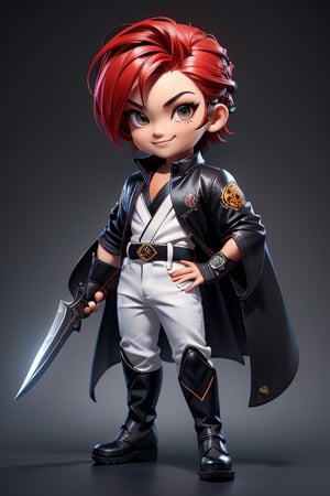 ((best quality)), ((masterpiece)), ((ultra-detailed)), high resolution, chibi boy, black crewcut hair with single red highlight, braid, dark grey eyes, futuristic clothing, dynamic pose, cute, mischievous smile, happy, simple background, full body, 3DMM, chibi, dynamic pose, cyberpunk, black robe, long boots, big head, Color magic, Saturated colors, tiger robe, white leather pants, print shirt, fingerless_glove, High detailed , melee_weapons